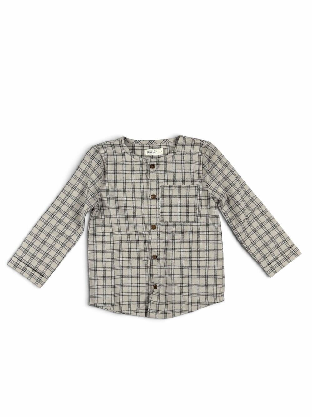 Oliver & Rain Plaid Collarless Button Down Shirt Cream Gray Size 2